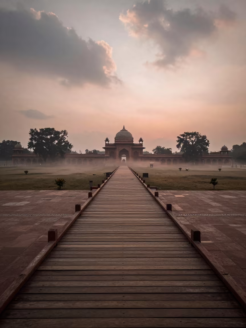 Copper Pier Before Dusk in Uttar Pradesh Plaza in across a formal civic plaza in Uttar Pradesh