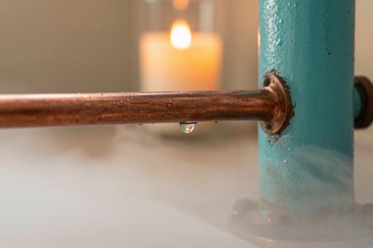 Copper Pipe Droplet Fog Indoor Yaounde in against weathered turquoise paint in Yaounde