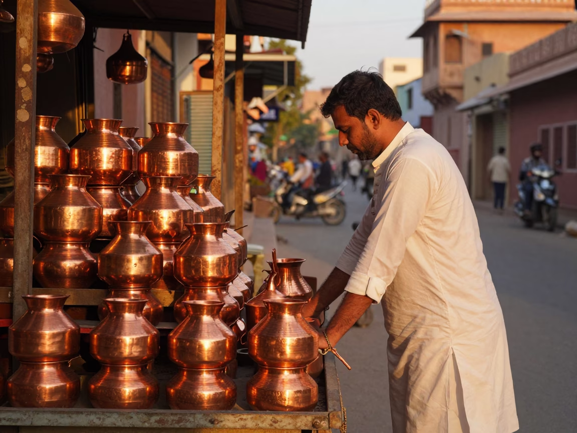Copper Pots Catching Dusk Light in Jaipur India Street Scene in in Jaipur, India