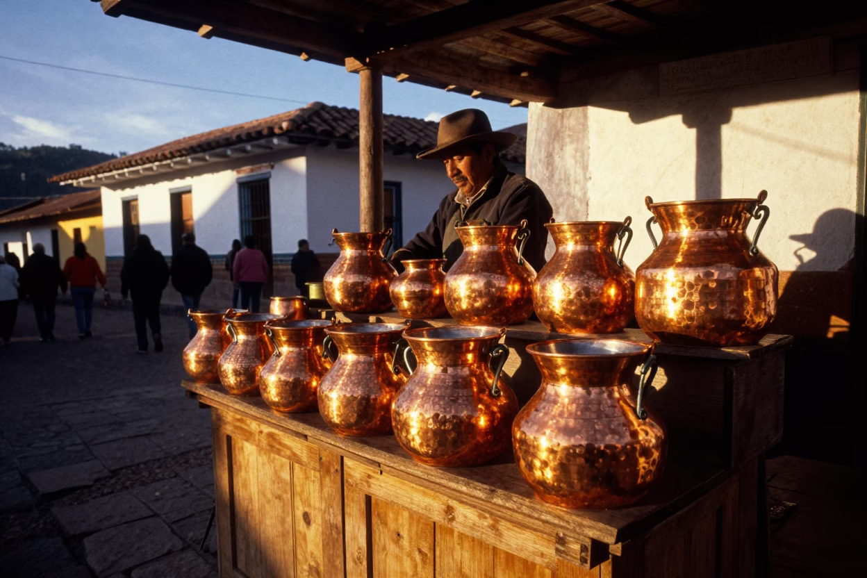 Copper Pots Catching Honeyed Evening Light in a Cusco Peru Market Stall in in Cusco, Peru