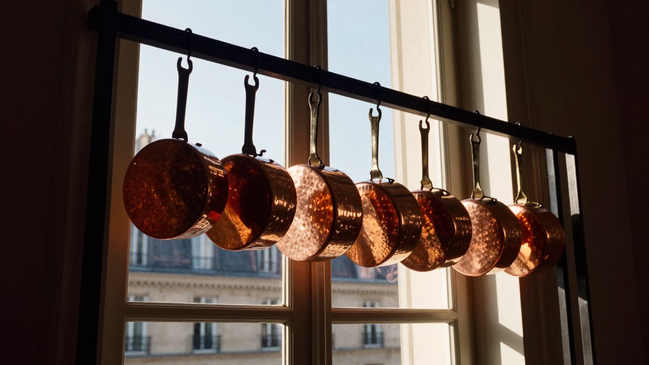 Copper Pots Catching Late Afternoon Light in a Traditional Parisian Kitchen Window in in Paris, France