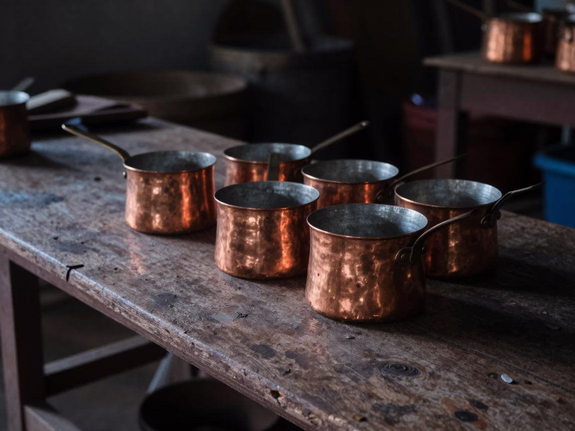 Copper Pots Catching Light in Bangkok in in Bangkok, Thailand