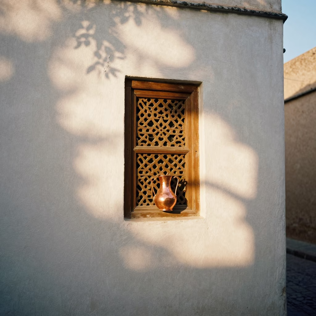 Copper Pots Catching Light in Fez Morocco Early Evening Plaster Shadows in in Fez, Morocco