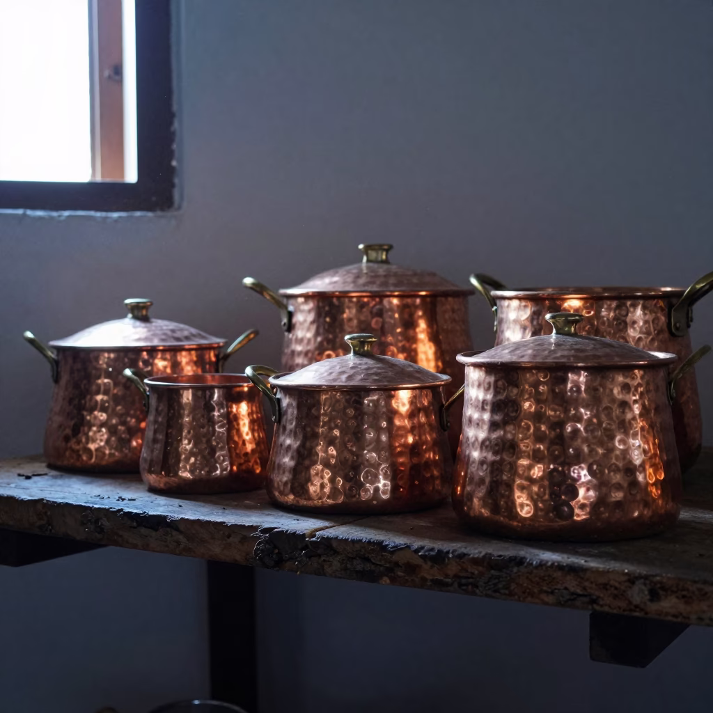 Copper Pots Catching Light in Oaxaca in in Oaxaca, Mexico