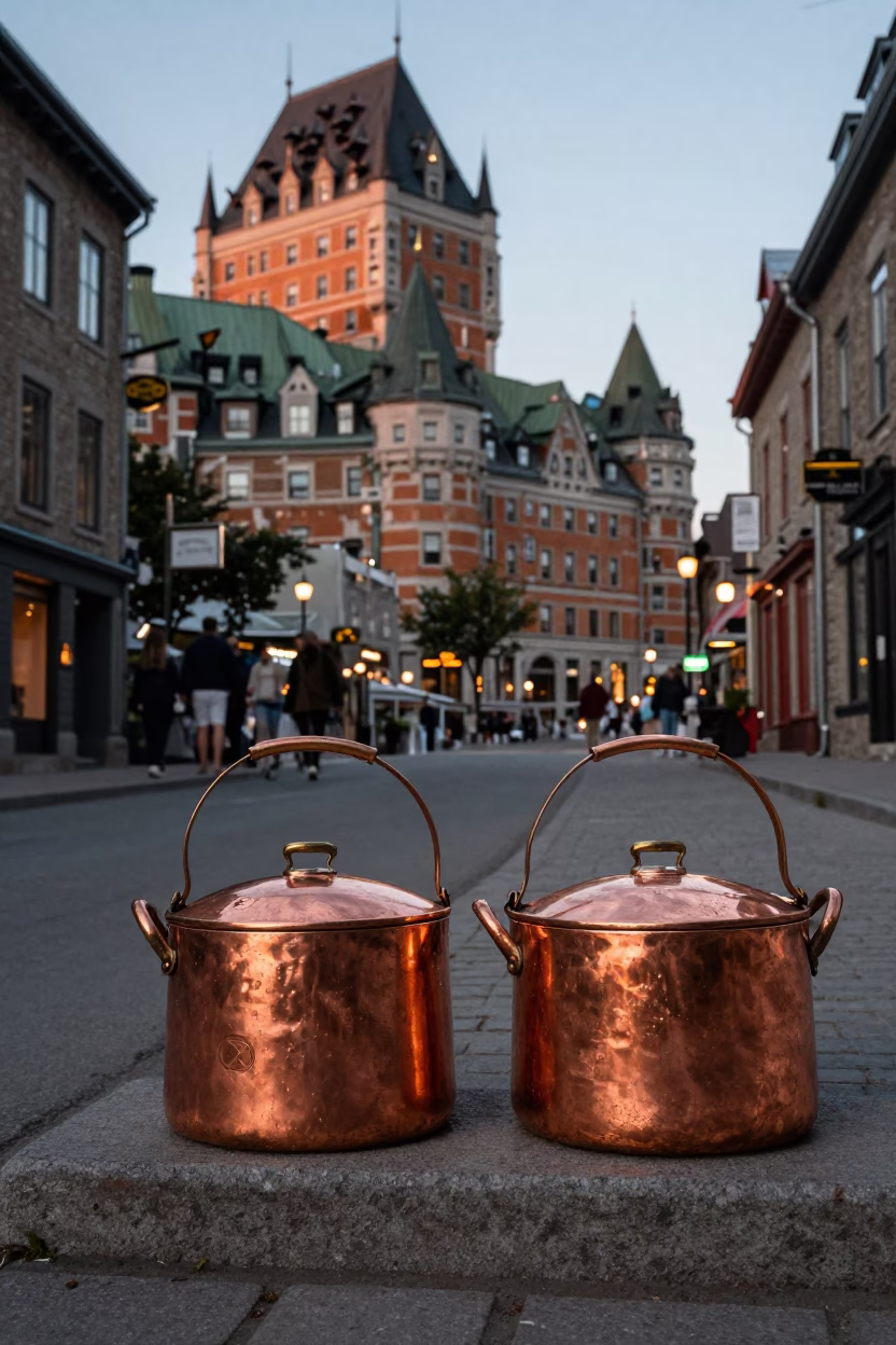 Copper Pots Catching Light in Quebec City Before Dusk in in Quebec City, Quebec, Canada
