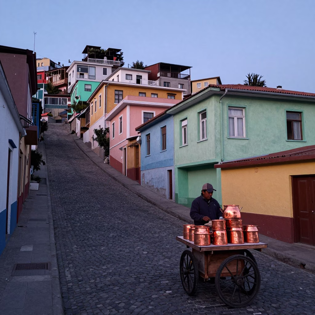 Copper Pots Catching Light in Valparaiso Early Morning Street Scene in in Valparaiso, Chile