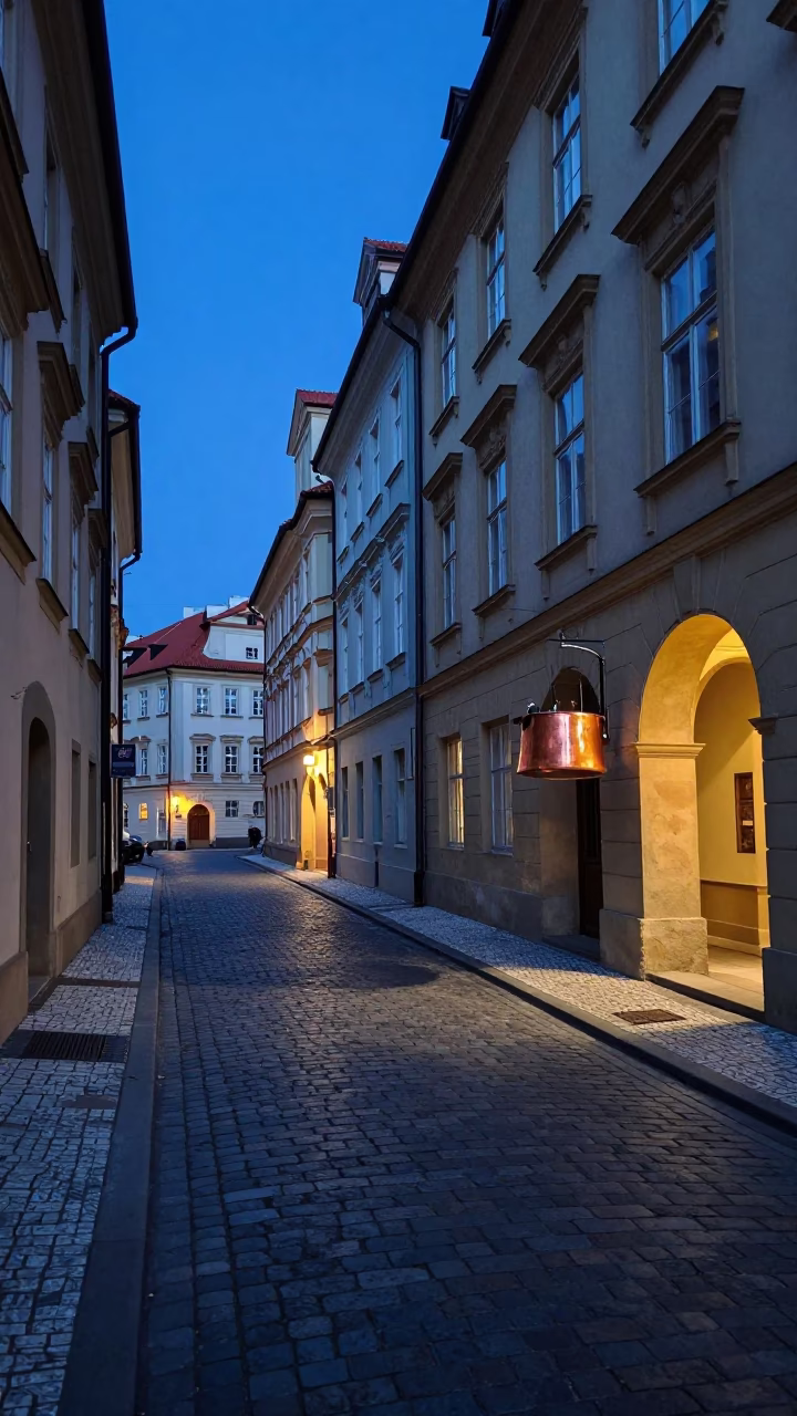 Copper Pots Catching Light on Prague Street at Dusk in in Prague, Czech Republic