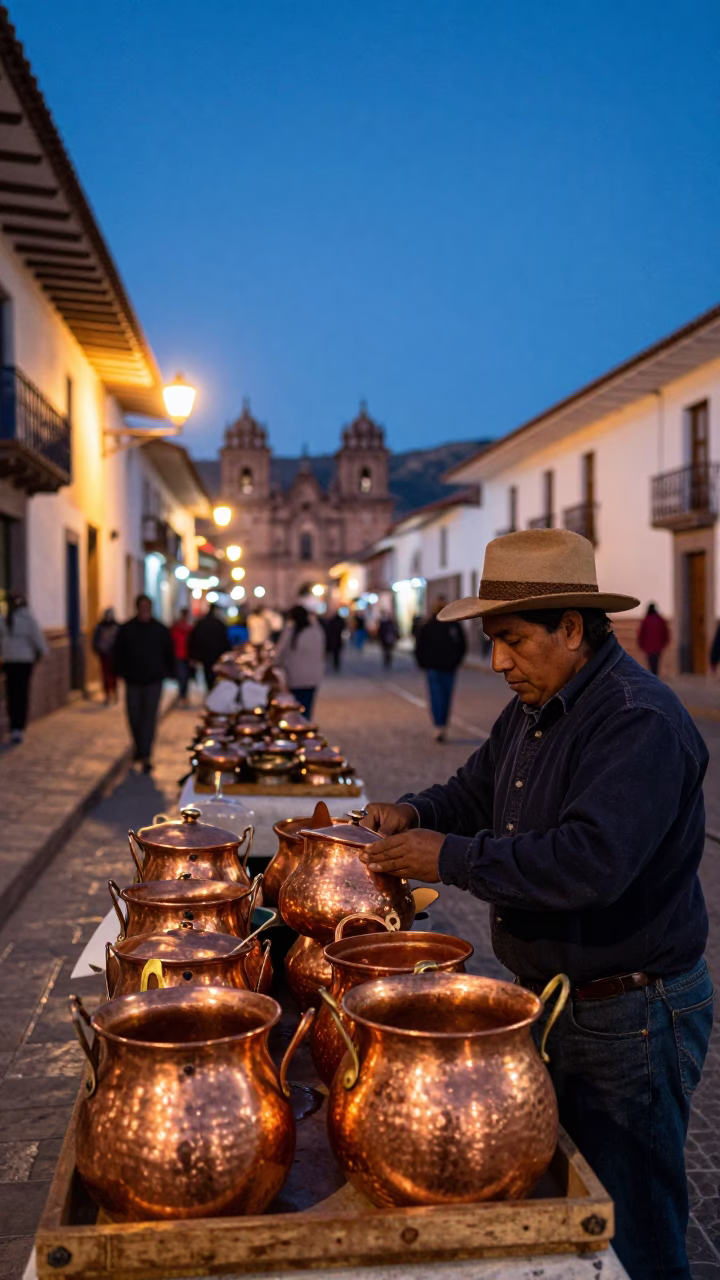 Copper Pots Catching Twilight Glow in Cusco Peru Street Market Scene in in Cusco, Peru