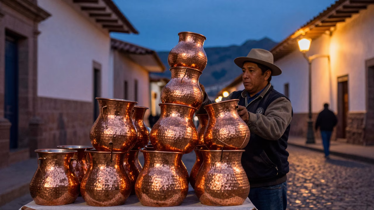 Copper Pots Glowing in Blue Hour Cusco Peru Street Scene in in Cusco, Peru