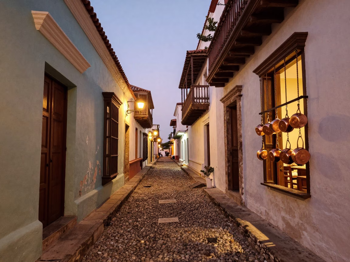 Copper Pots Glowing in Colonial Street at Dusk in in Cartagena, Colombia