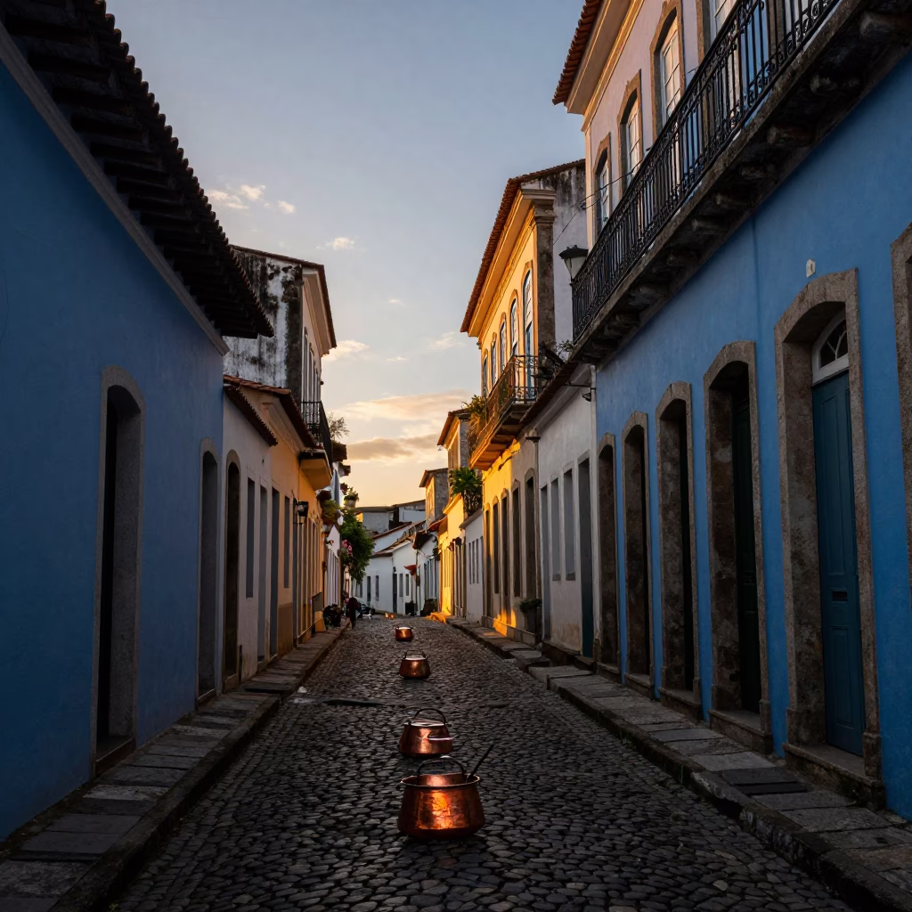 Copper Pots Glowing in Golden Hour Light Salvador Brazil Street Scene in in Salvador, Brazil