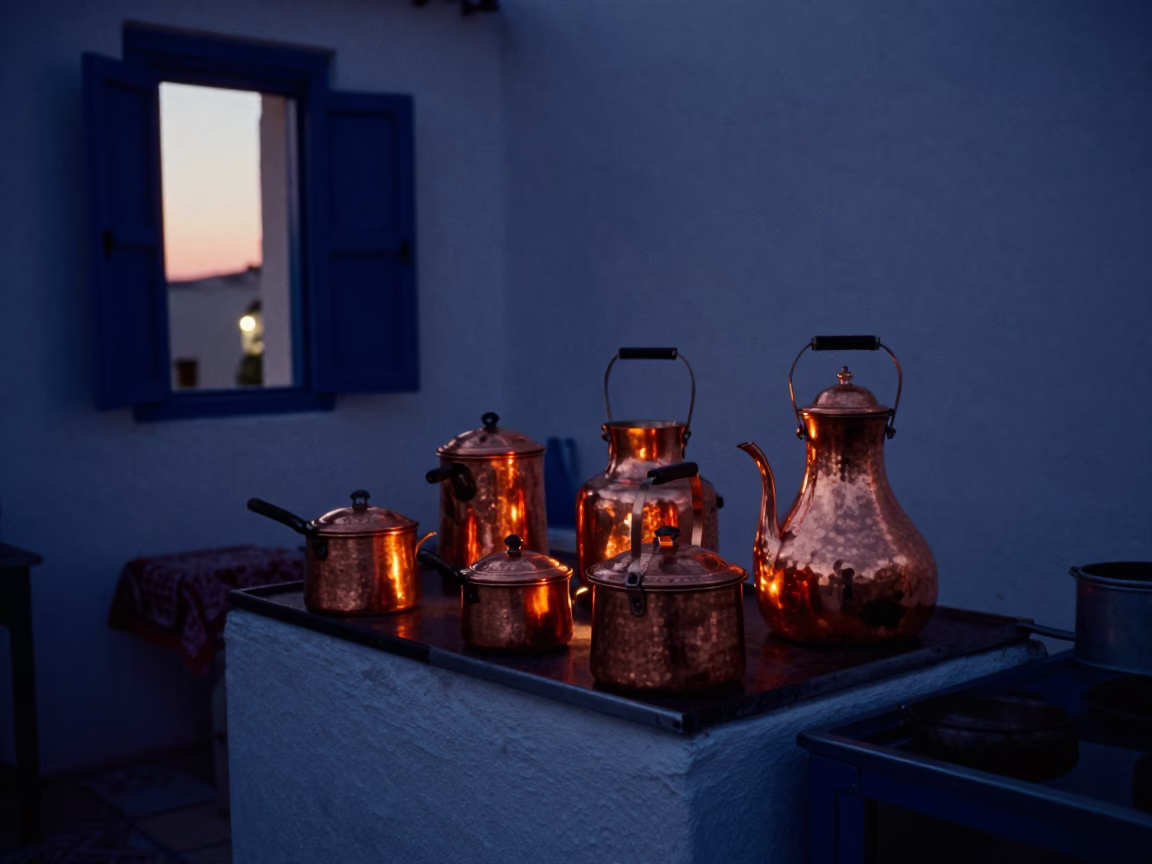 Copper Pots Glowing in Tunisian Twilight Kitchen Near Sidi Bou Said in in Tunis, Tunisia