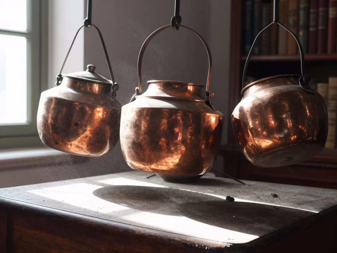 Copper Pots Hanging in Dusty Library Light in on a dusty library table near Torreón