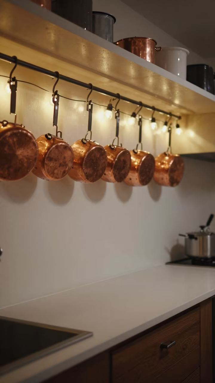 Copper Pots Hanging in Night Kitchen Glow in in a cozy kitchen near Zapopan