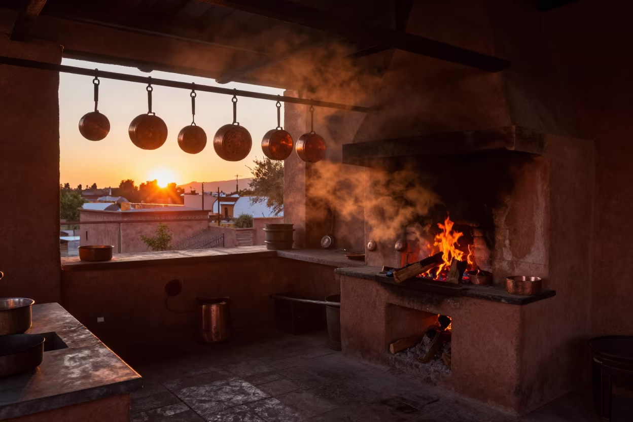 Copper Pots and Hearth in Chihuahua Monastery in inside a quiet cloister passage in Chihuahua