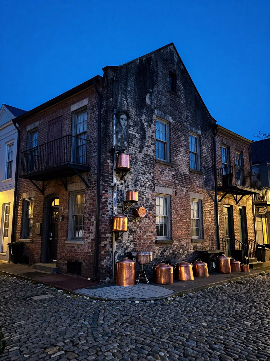 Copper Pots in Charleston at The Last Blue Light Of Evening in in Charleston, South Carolina, United States