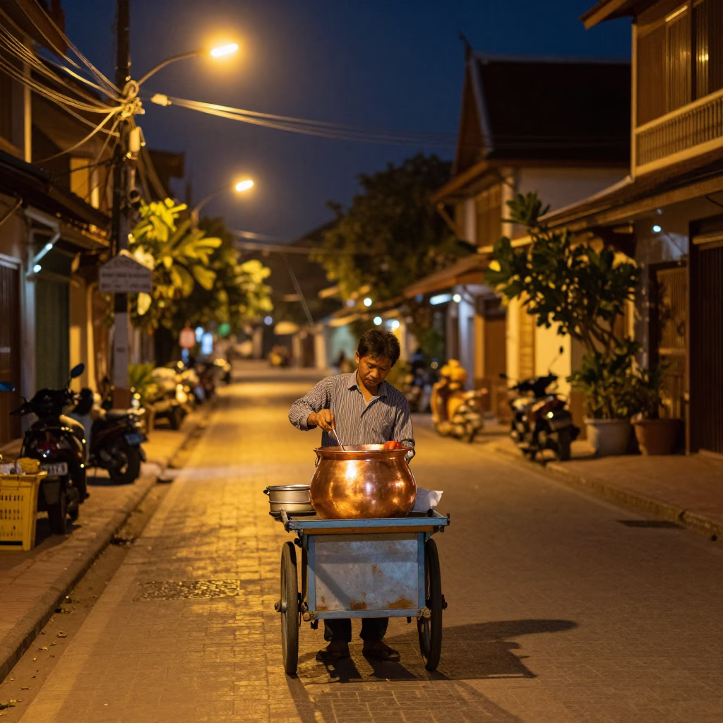 Copper Pots in Luang Prabang at As City Lights Begin To Glow in in Luang Prabang, Laos