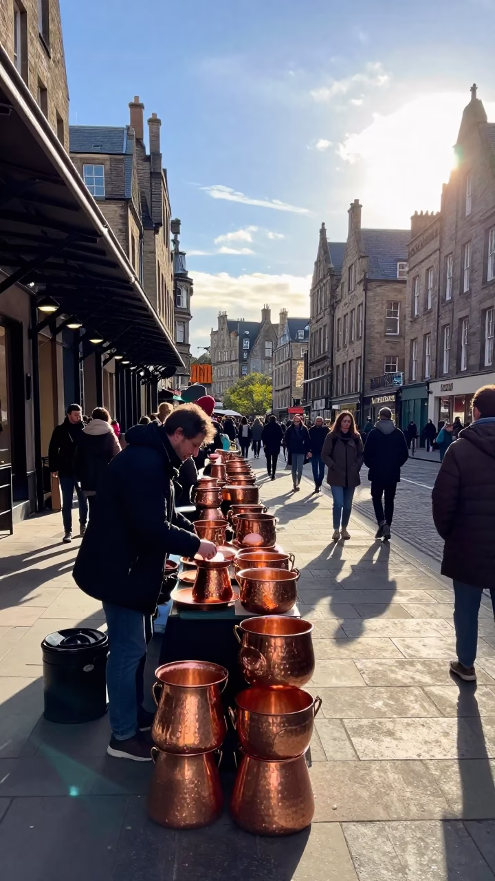 Copper Pots Vendor Sunset Edinburgh Bazaar in in a covered bazaar aisle in Royal Mile, Edinburgh