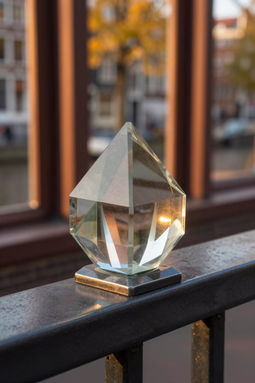 Copper Prism Light on Utrecht Pier Railing in on a pier railing in Utrecht