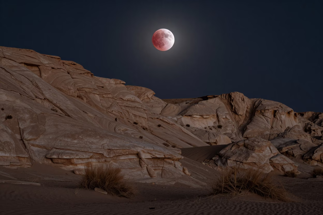 Copper Red Lunar Eclipse Over Desert Escarpment in beneath a wind-cut desert escarpment in China