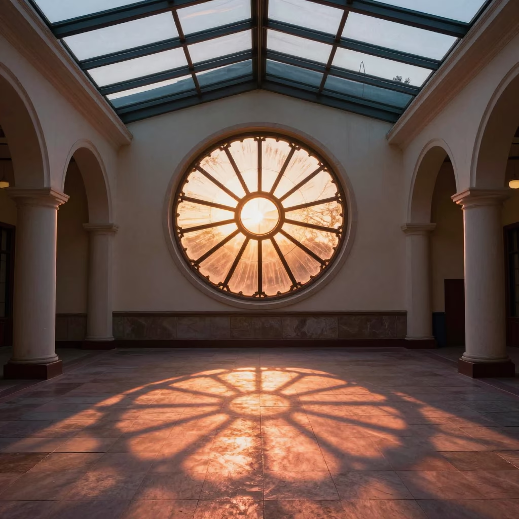 Copper Rose Window Shadows on Stone Floor in inside a glass-roofed arcade in Changchun