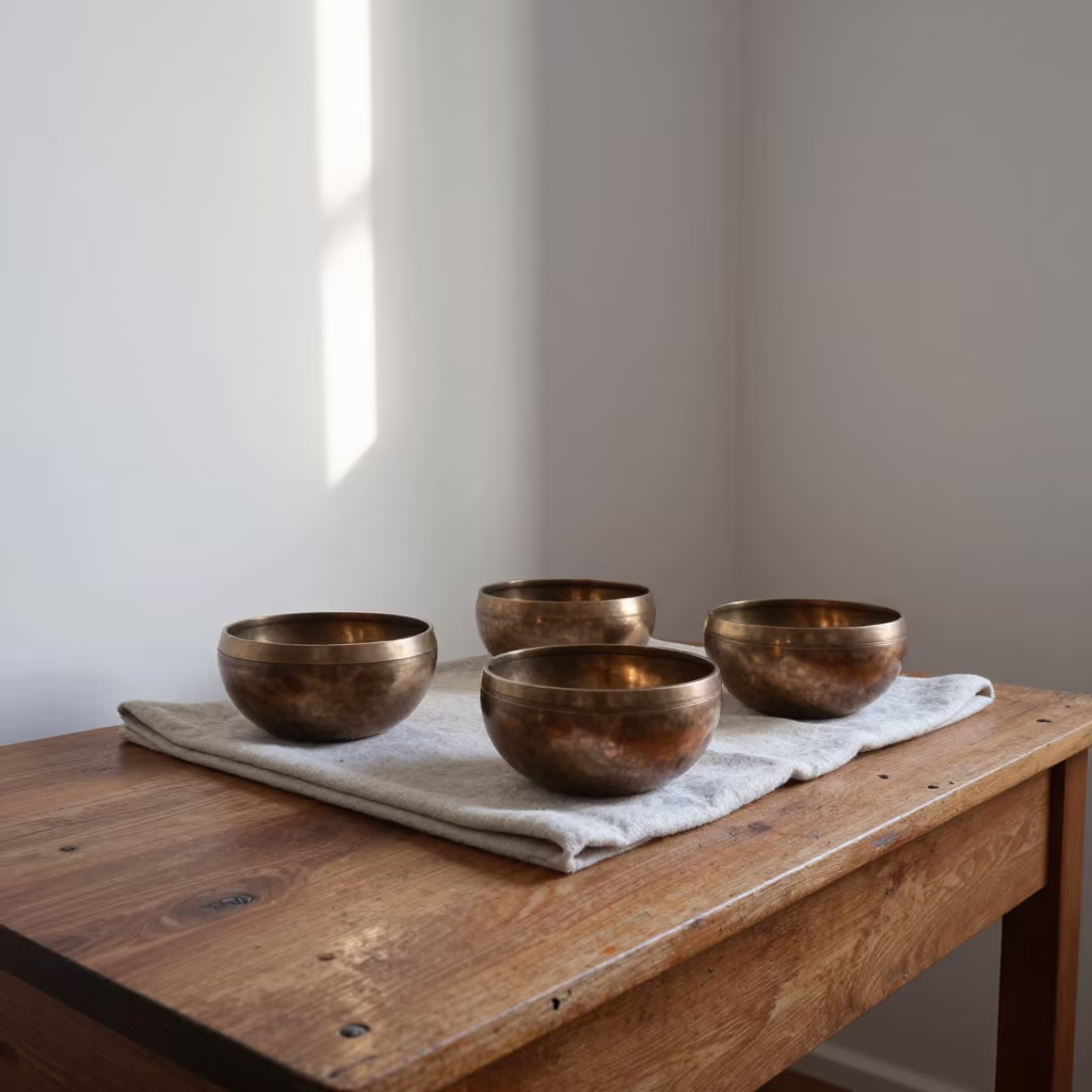 Copper Singing Bowls on Dusty Library Table in on a dusty library table in Temperley