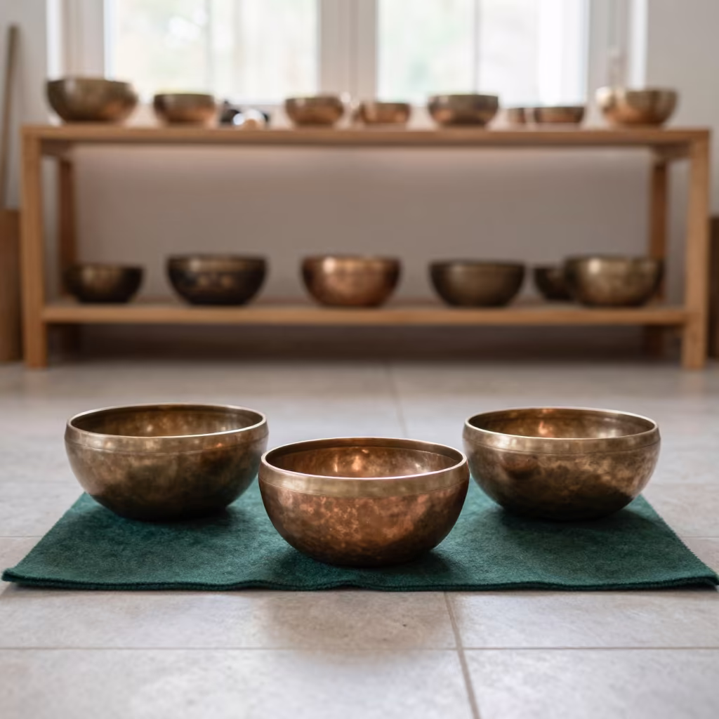 Copper Singing Bowls on Felt in Madrid Workshop in on a workshop shelf in Lavapies, Madrid