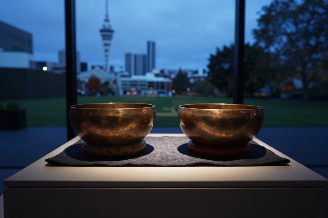 Copper Singing Bowls on Felt Plinth in on a museum plinth near Ponsonby, Auckland
