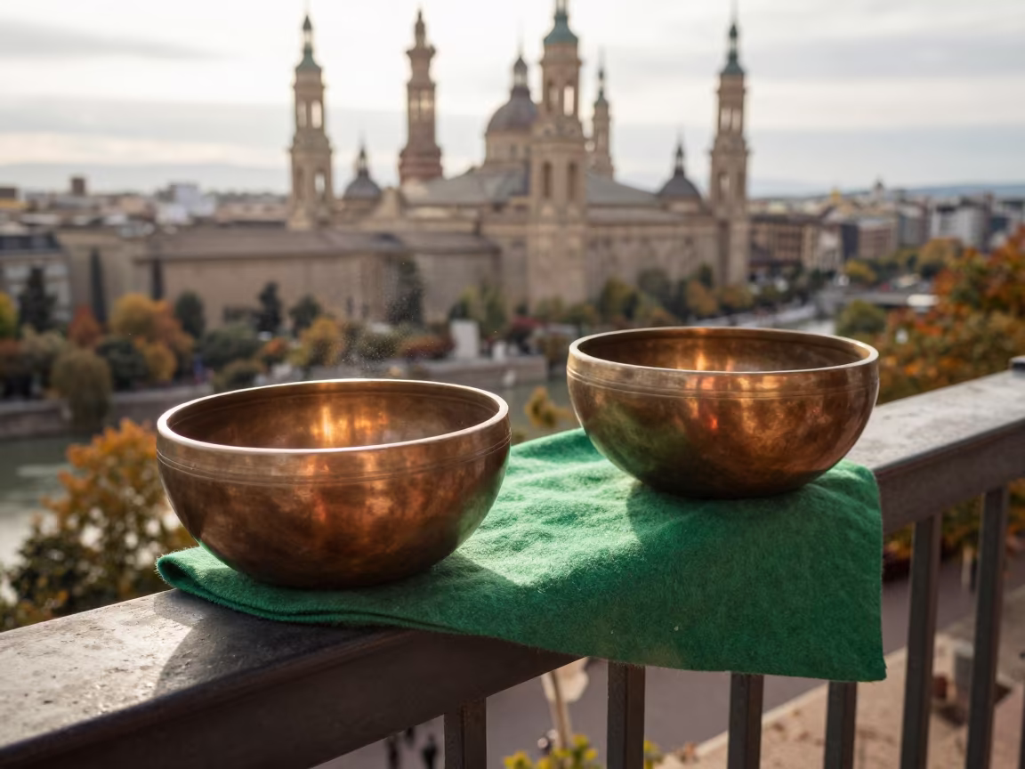 Copper Singing Bowls on Pier Railing Felt in on a pier railing near Zaragoza