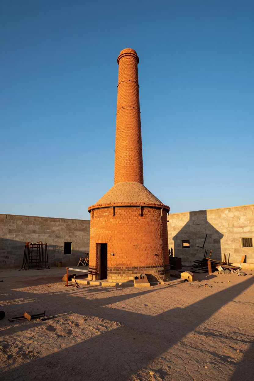 Copper Smelter Chimney Desert Golden Hour in in a machine shop near Amman