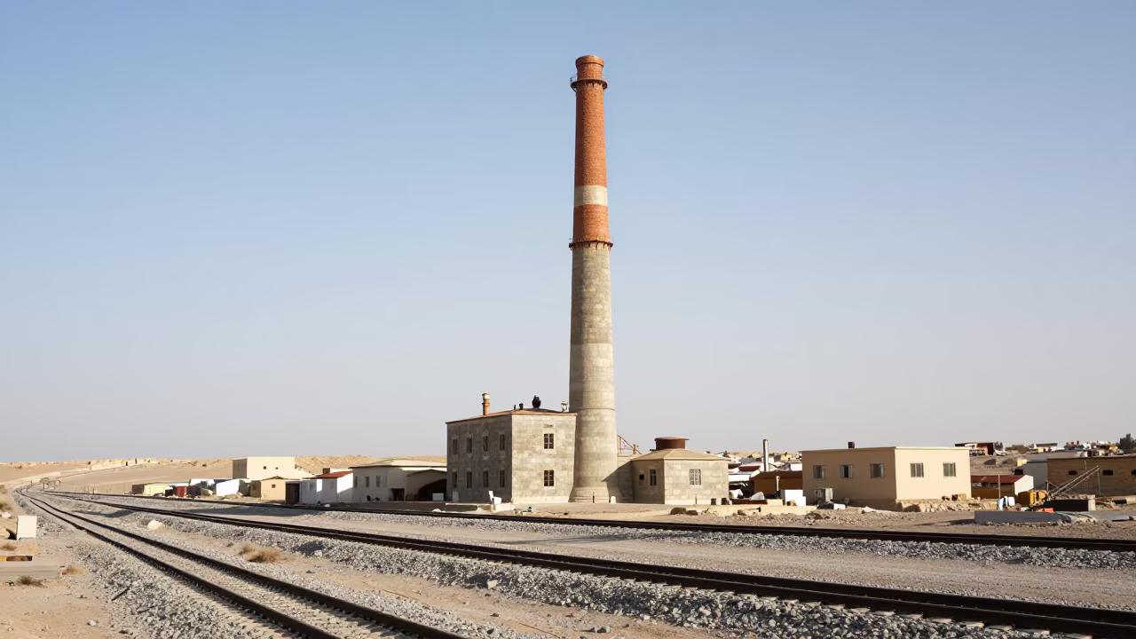 Copper Smelter Chimney Desert Rail Yard in at a rail yard near Amman