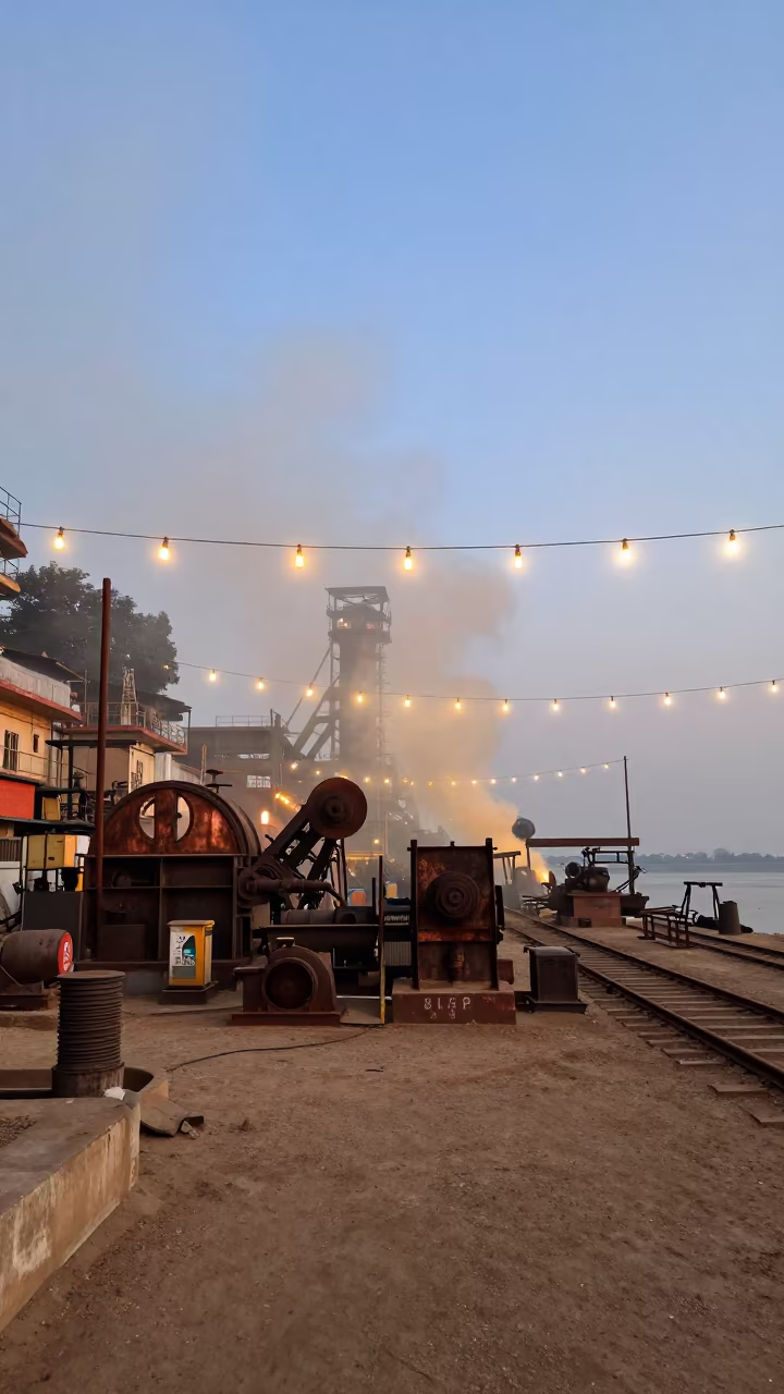 Copper Smelter Yard Under Sulfur Haze at Blue Hour in at a rail yard near Varanasi