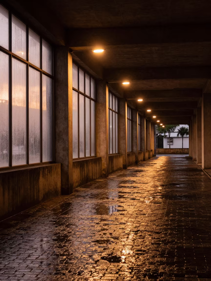 Copper Street Lamp Reflections on Wet Lapa Cobblestones in inside a ribbed concrete lobby in Lapa, Rio de Janeiro