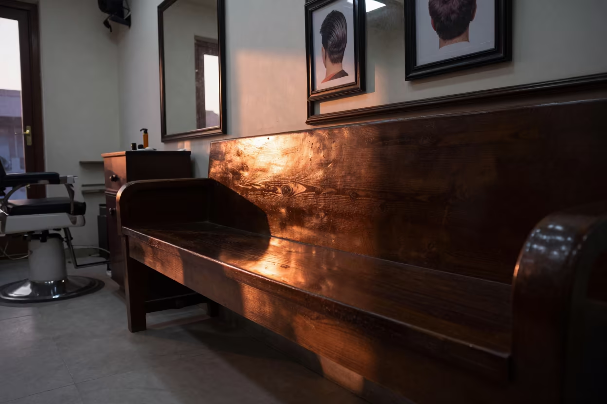 Copper Sunset on Barber Shop Bench in at a salon reception counter in Chandigarh