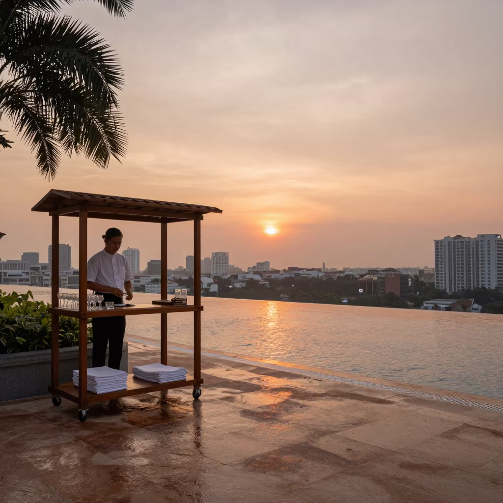 Copper Sunset Glow Over Resort Pool Deck in beside a valet stand after rain in Ho Chi Minh City