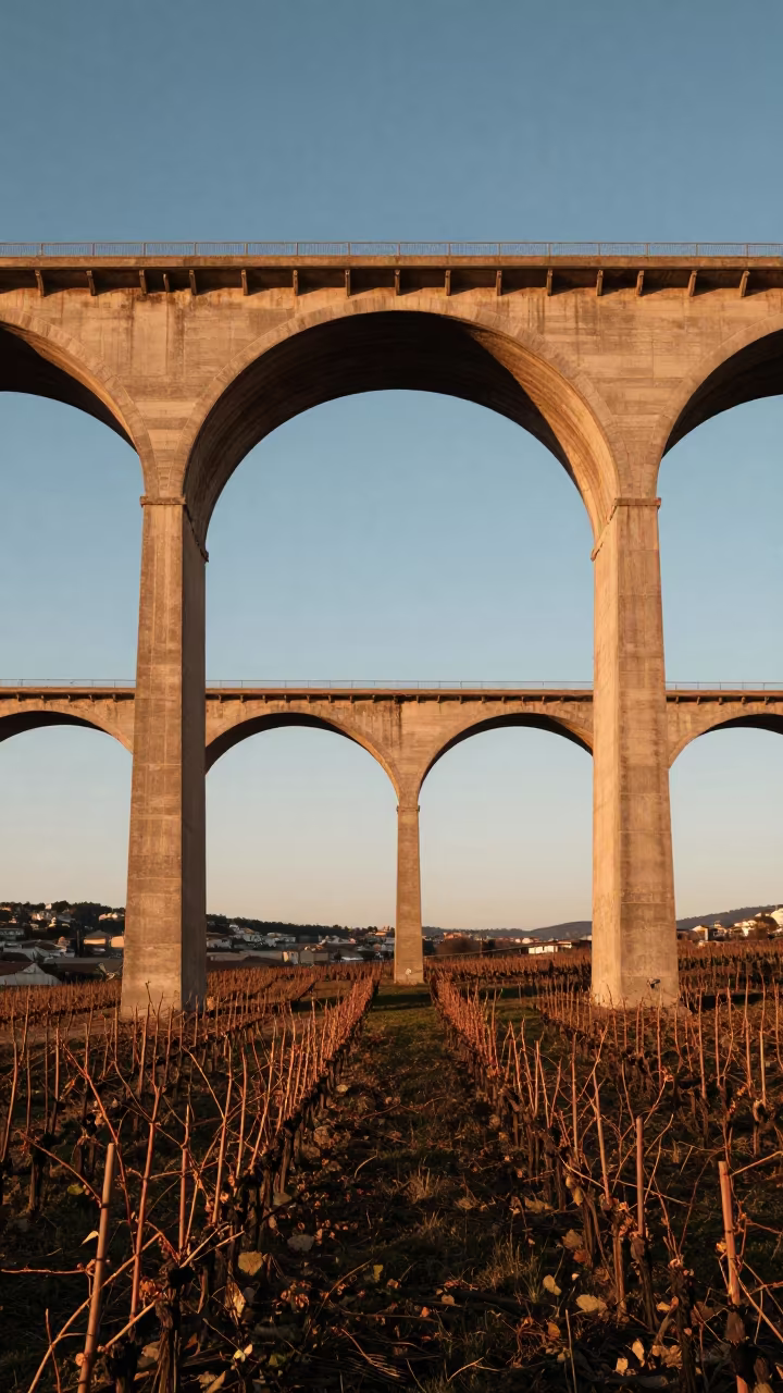 Copper Sunset Light Over Marseille Vineyard Viaduct in beneath a bridge span near Marseille