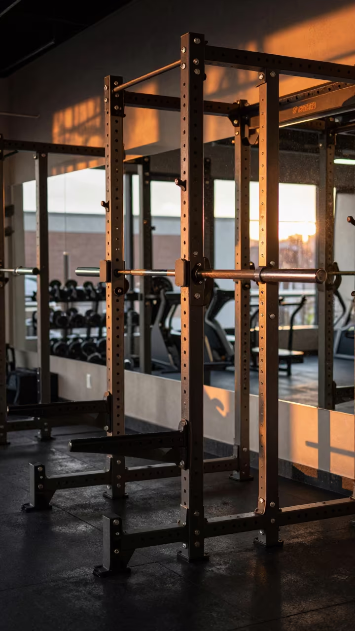 Copper Sunset Light on Squat Rack J-Hooks in beside a squat rack row before the rush in Logan Square, Chicago