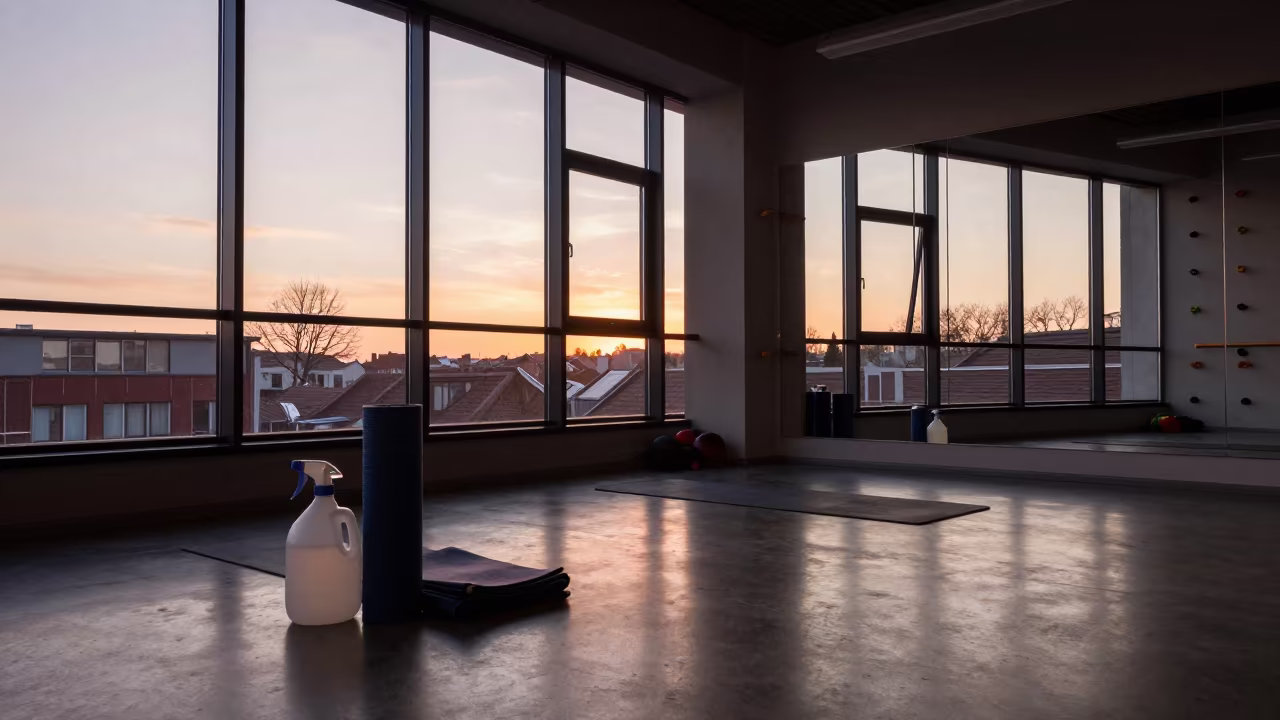 Copper Sunset Light on Yoga Studio Equipment in inside a yoga studio before the session begins in Poznan