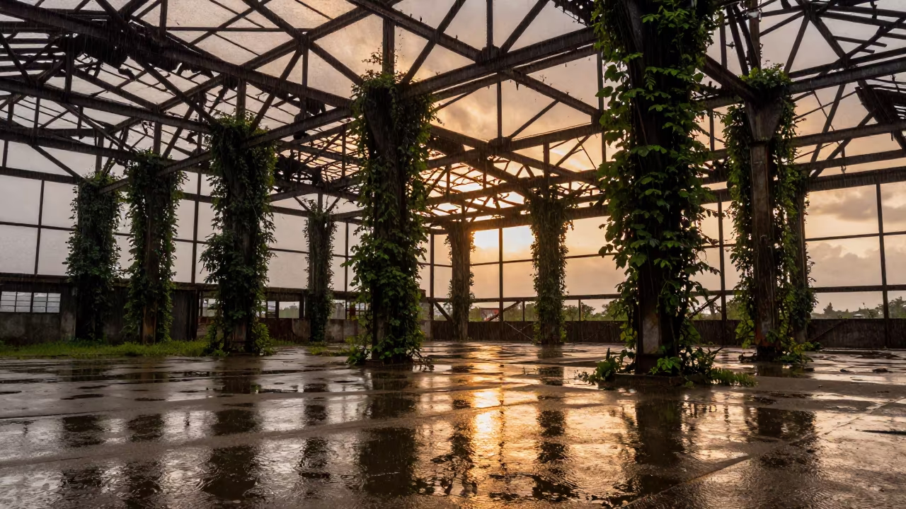 Copper Sunset Puddles Mirror Broken Trusses in along a vine-choked corridor near Bandung