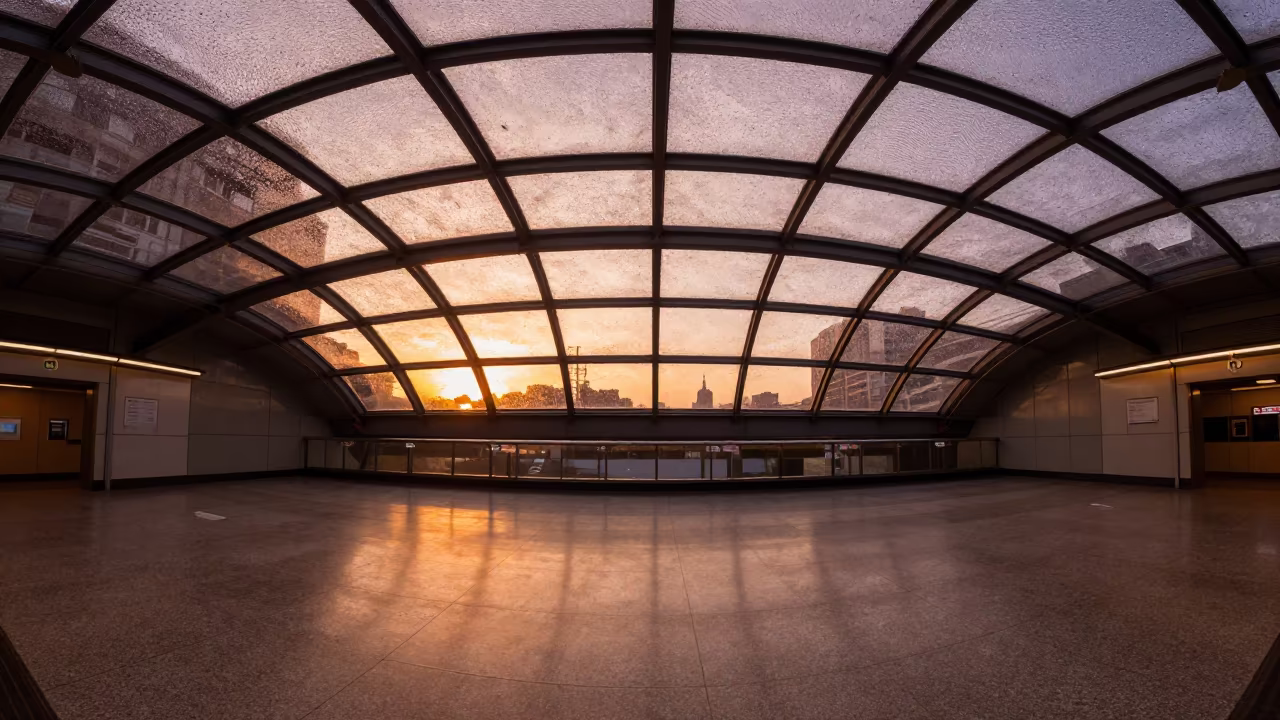 Copper Sunset Reflections Metro Ceiling São Paulo in inside a skylit passageway in São Paulo