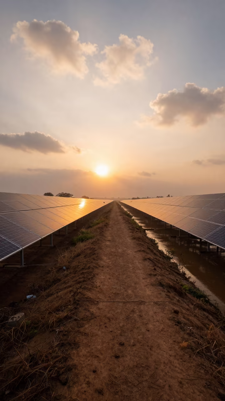Copper Sunset Reflects on Solar Array Over Zimbabwe Levee in along a levee path above floodwater in Zimbabwe