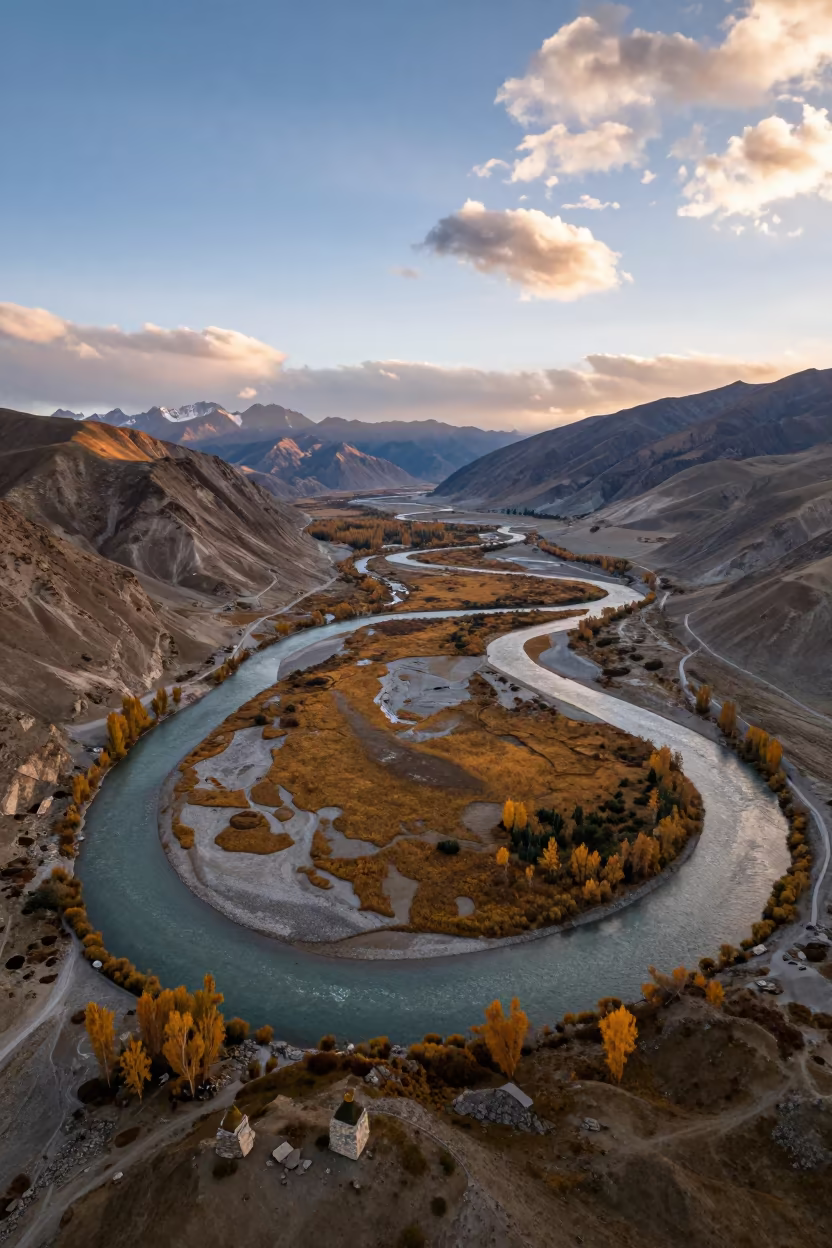 Copper Sunset River Meanders Above Leh Summit in beside a summit cairn above the tree line near Leh
