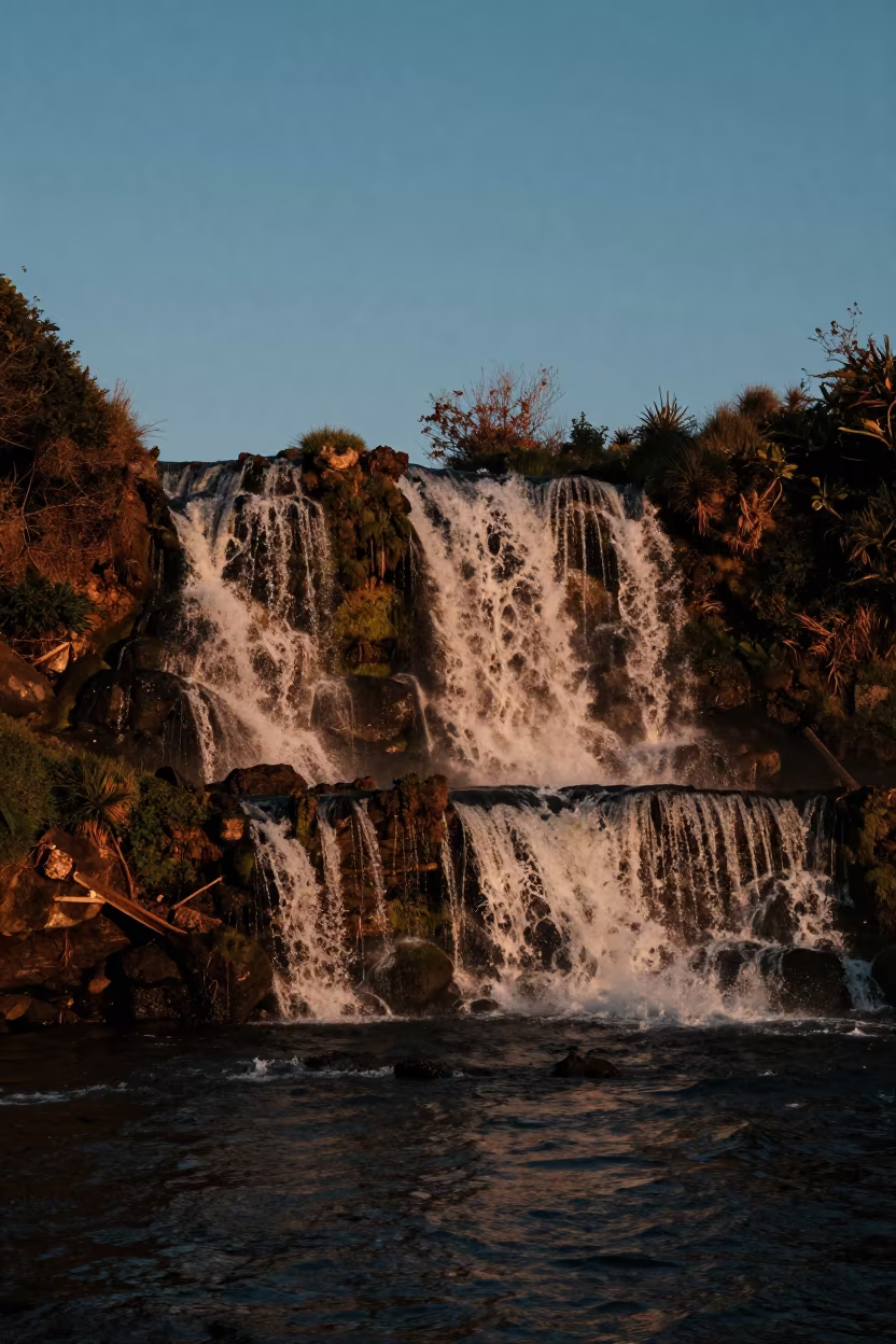 Copper Sunset Waterfall Over Mossy Shoreline Terraces in along a wave-cut shoreline near San Pedro, La Paz