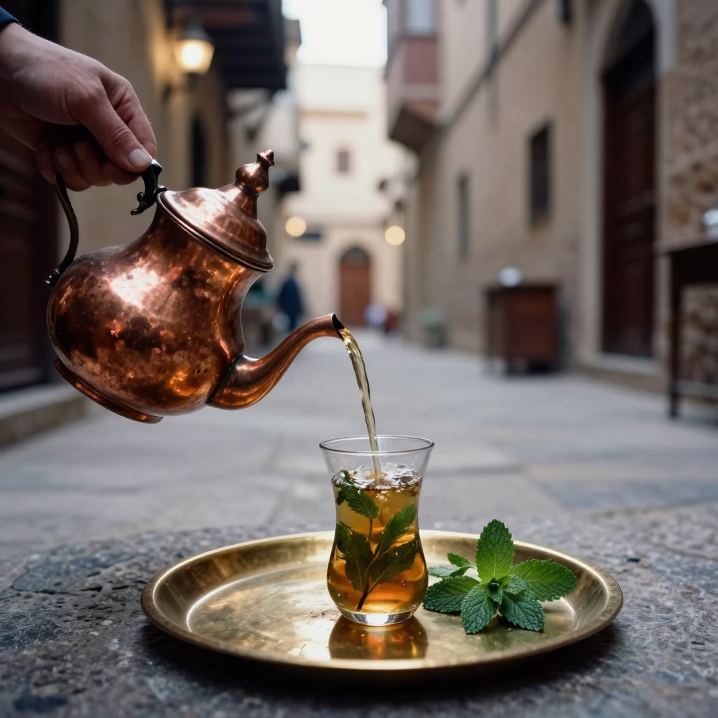 Copper Teapot Pours Mint Tea in Fez Dawn in on a tea house tray in Mellah, Fez