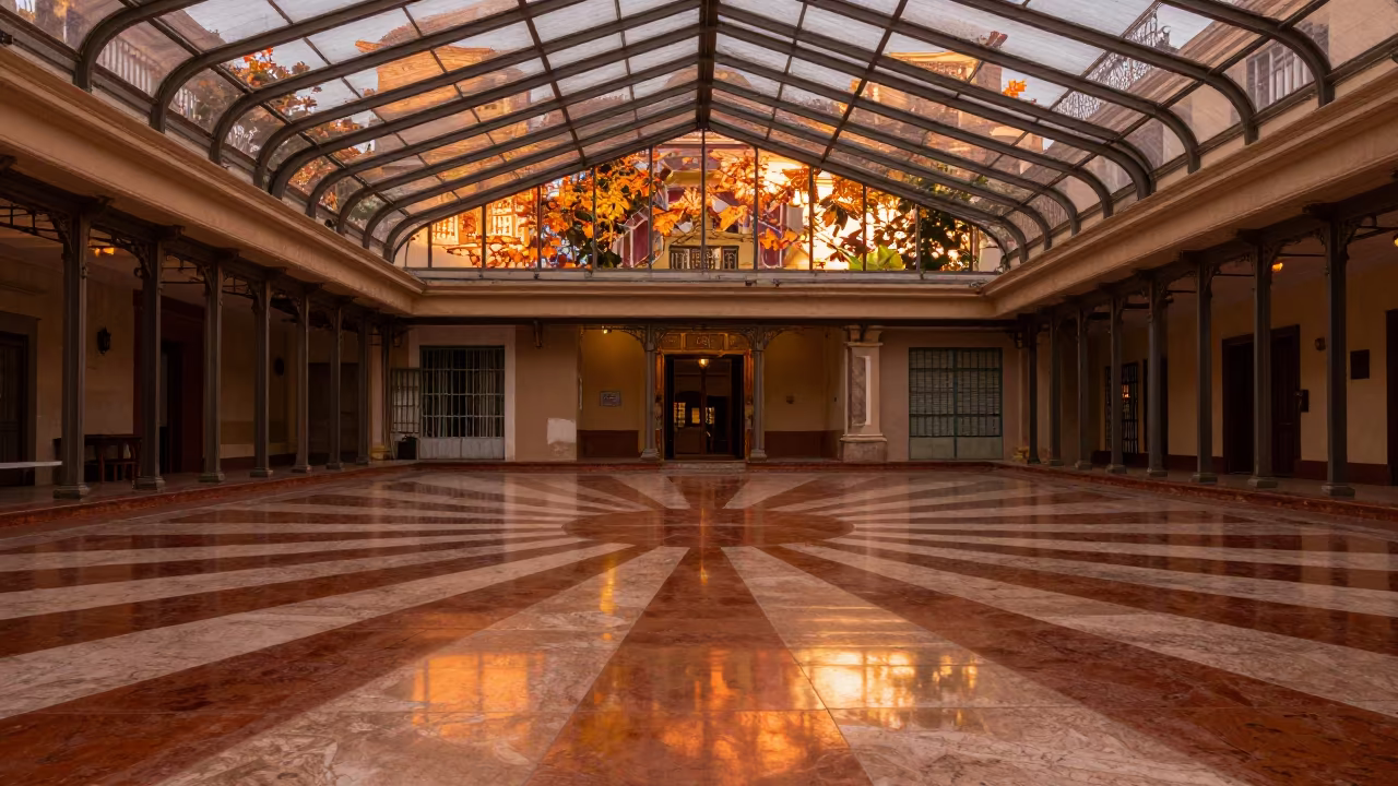 Copper Tiled Floor Radiating Center Point in inside a glass-roofed arcade near San Diego, Cartagena