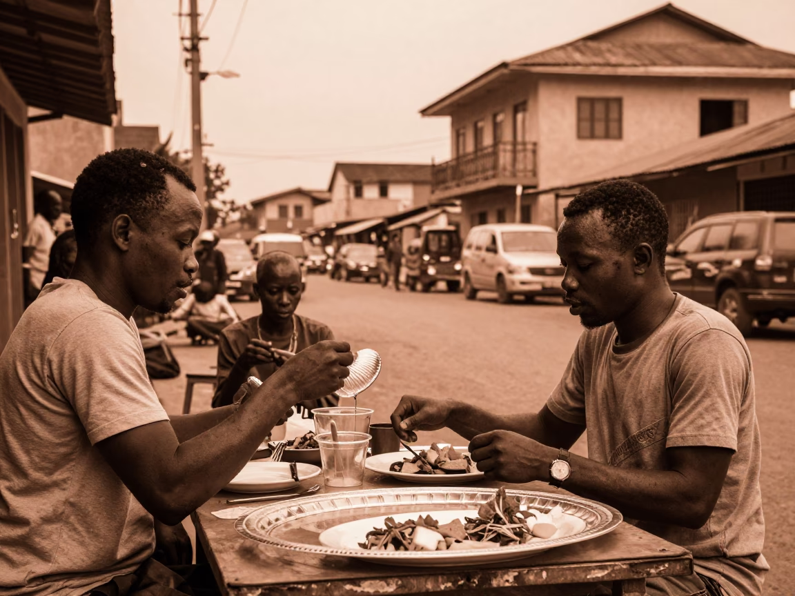 Copper Toned Accra Street Scene with Local Dining and Daily Life Before Dusk in in Accra, Ghana