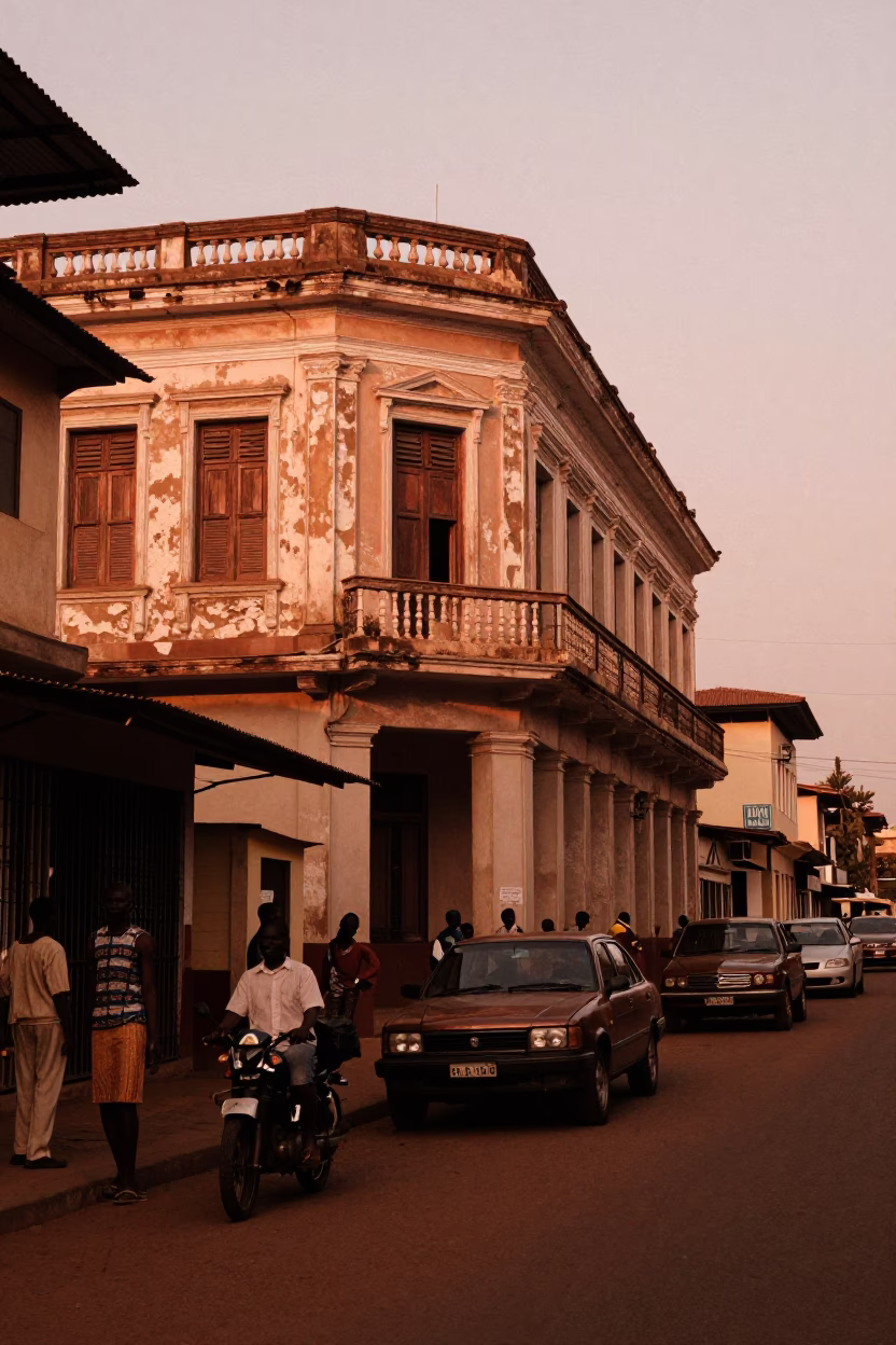 Copper-Toned Accra Street Scene with Vintage 1950s Charm and Local Details in in Accra, Ghana