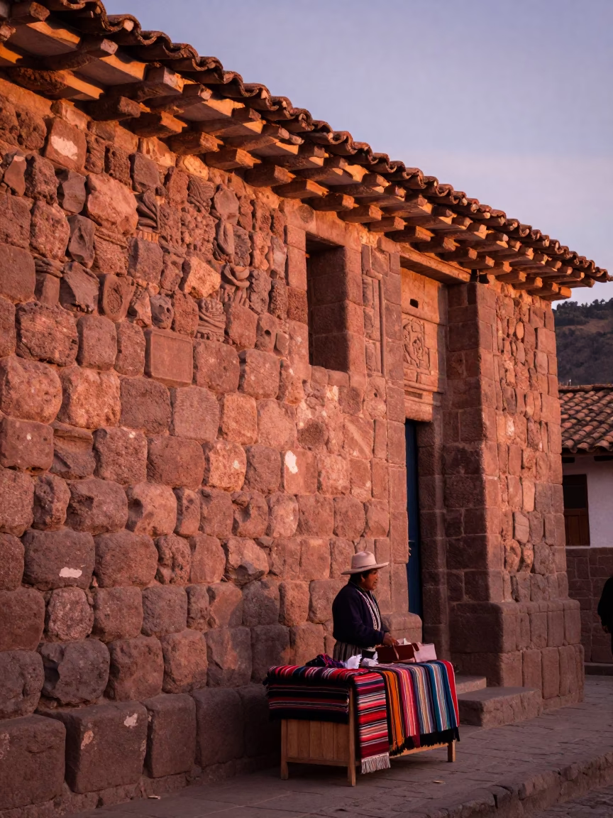 Copper Toned Afternoon Light Illuminates Traditional Cusco Stone Walls and Local Market Activity in in Cusco, Peru