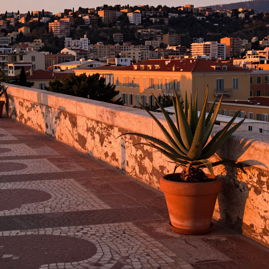 Copper Toned Afternoon Light on Nice French Terrace with Aloe Vera and City View in in Nice, France