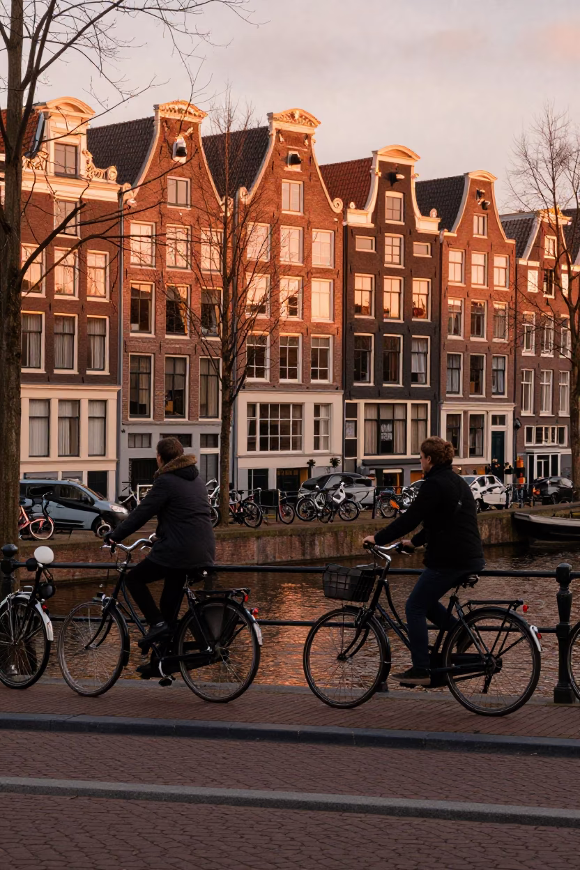 Copper Toned Amsterdam Street Scene with Bicycle and Canal Reflections Before Dusk in in Amsterdam, Netherlands